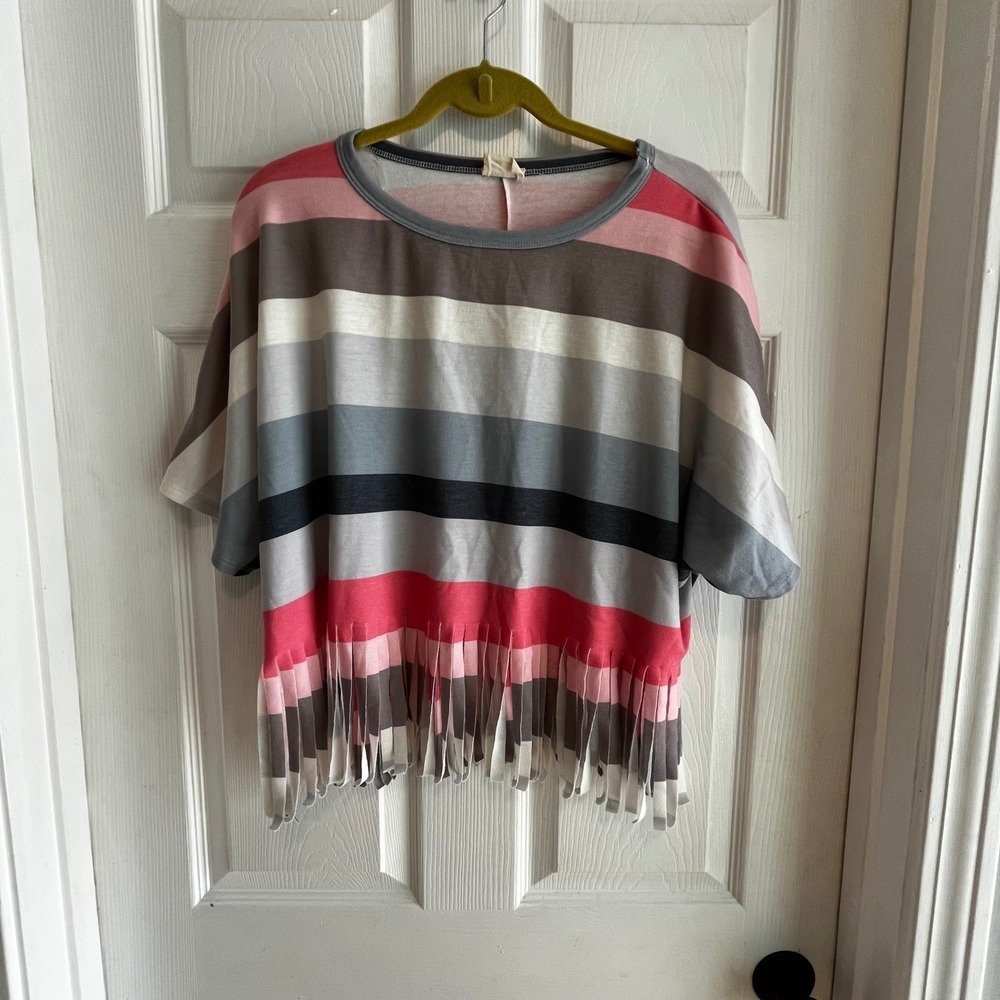 Peach Love California Striped Fringe Top Boxy Dolman Sleeve T-Shirt Coastal Chic